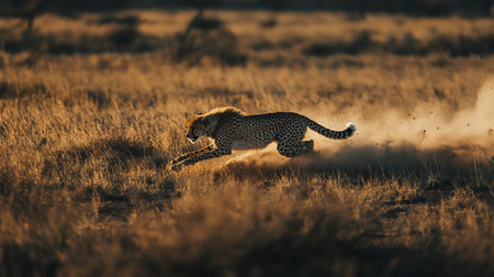 Cheetah running in the sunset, Masai Mara National Park, Kenyaの写真素材