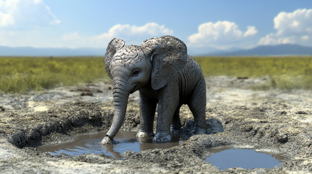 Elephant in a mud puddle. 3d render. Africa.の写真素材