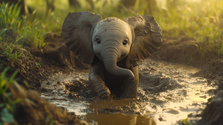 Elephant playing in a muddy puddle at sunset, Sri Lankaの写真素材