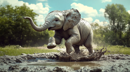 Elephant splashing in muddy puddle with water bucket on nature backgroundの写真素材