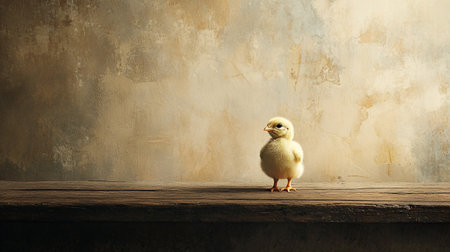 Cute little chicken on wooden table against grunge background. Easter holidayの写真素材