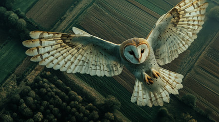 Flying Barn Owl (Tyto alba) in a natural environmentの写真素材