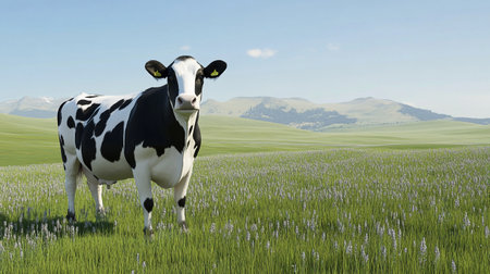 Cow on a green meadow with mountains in the background, 3d renderの写真素材