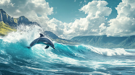Dolphin jumping out of the ocean. Mixed media. Mixed mediaの写真素材