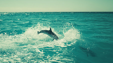 Dolphins jumping out of the water in the ocean. Toned.の写真素材