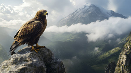 Eagle sitting on a rock in the mountains, 3d renderの写真素材