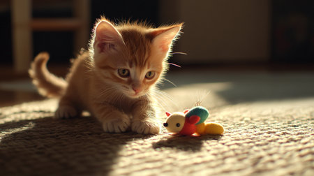 Cute little ginger kitten playing with toys at home on the floorの写真素材