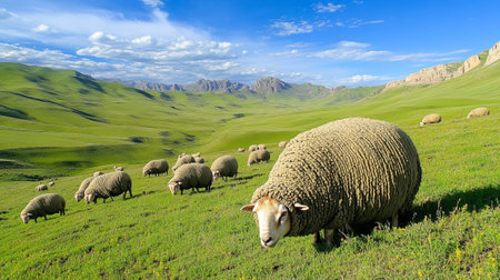 Sheep grazing in the grassland of Qinghai, China.の写真素材
