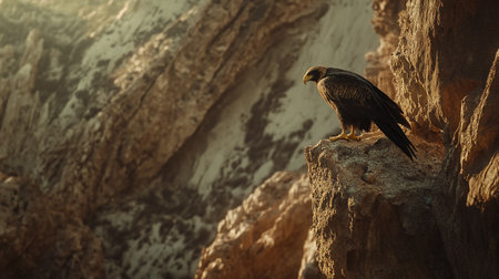 eagle sitting on a rock in the mountains at sunset light.の写真素材