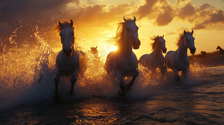 White horses run gallop in the sea on a background of sunsetの写真素材