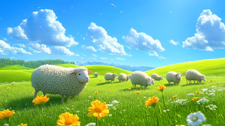 Sheep on the green meadow with flowers. 3d renderの写真素材