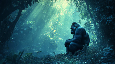 Gorilla sitting in the rainforest. Conceptual image.の写真素材