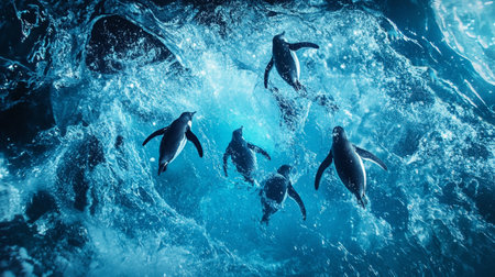 Group of penguins swimming in the blue ocean. Toned.の写真素材