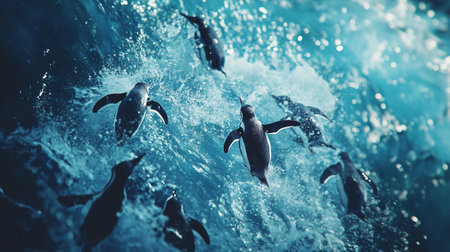 Group of penguins swimming in blue ocean water. Aquatic backgroundの写真素材