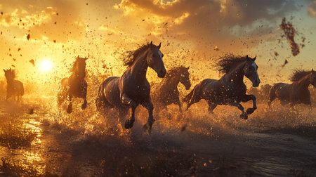 Horses run gallop in the meadow at sunset. Horses in motionの写真素材