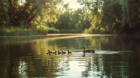Family of ducks swimming on the lake in the park at sunset.の写真素材