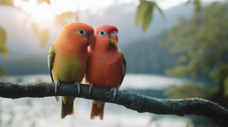 Lovebirds are sitting on a branch in the forest. Lovebirdの写真素材