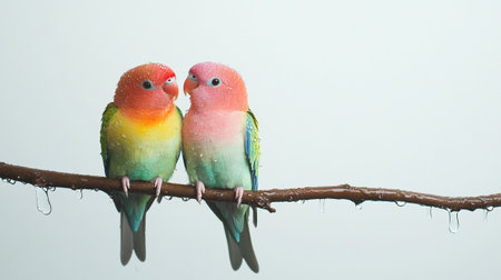 Lovebirds sitting on a branch with raindrops on the background.の写真素材