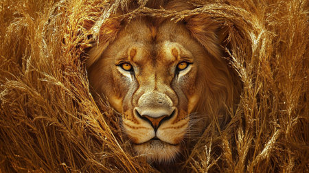 Portrait of a male lion in a golden field of wheat.の写真素材