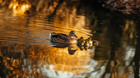 Mallard duck with ducklings on the lake at sunset.の写真素材