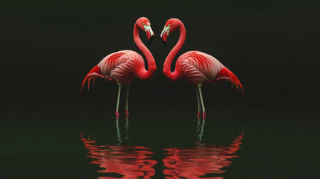 Two flamingos in the water, reflected in the water, black backgroundの写真素材