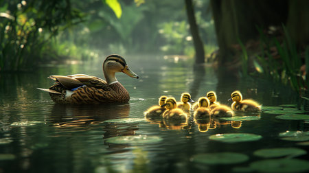 Duck with ducklings on the lake in the morning light.の写真素材