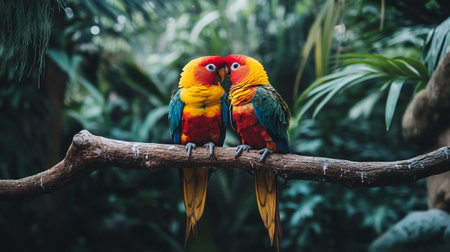 Couple of colorful parrots sitting on a branch in the jungleの写真素材