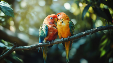Couple of colorful parrots on a branch in the forest.の写真素材