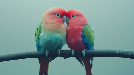 Two lovebirds sitting on a branch in the rain, close-upの写真素材