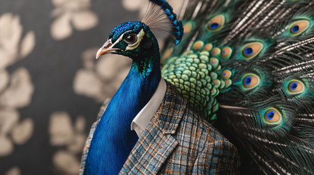 Peacock in a jacket and tie on a black background.の写真素材