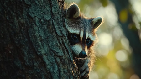 Raccoon climbing a tree. Raccoon climbing a tree.の写真素材