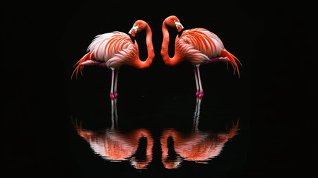 Two flamingos on a black background with reflection in the water.の写真素材