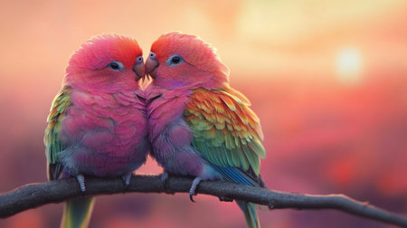 Two lovebirds on a branch in the sunset. Love concept.の写真素材