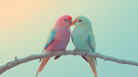 Couple of pink and blue lovebirds sitting on a branch.の写真素材