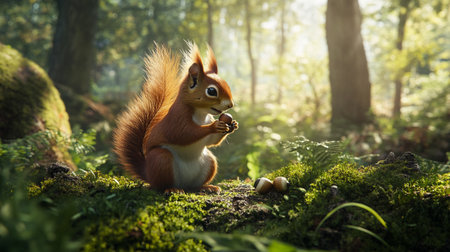 Squirrel with nut in the autumn forest. Wild animal in the forest.の写真素材