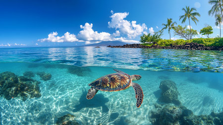 Hawaiian Green Sea Turtle (Chelonia mydas) swims in the sea.の写真素材