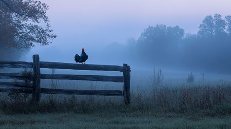 Foggy morning in the field with a rooster sitting on a fenceの写真素材
