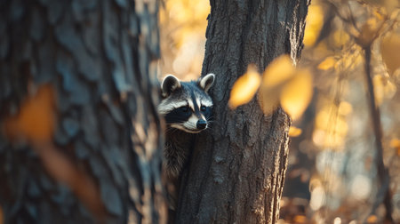 Cute raccoon climbing a tree in the autumn forest. Wildlife scene.の写真素材