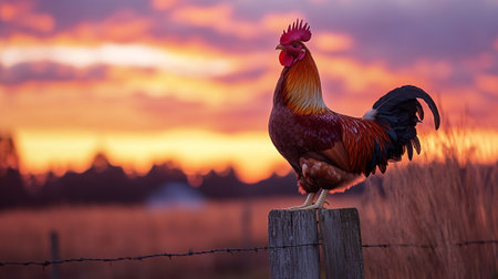 Colorful rooster standing on a fence at sunset in the countrysideの写真素材