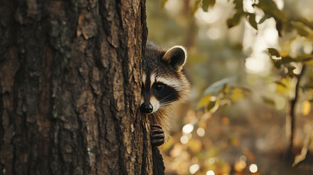 Raccoon climbing on a tree in the forest. Wildlife scene from nature.の写真素材
