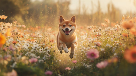 Shiba inu dog running in the field of flowers at sunsetの写真素材