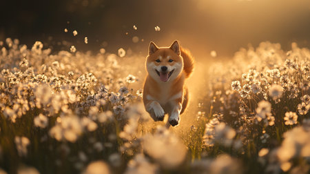 Shiba inu dog running in the field of flowers at sunsetの写真素材