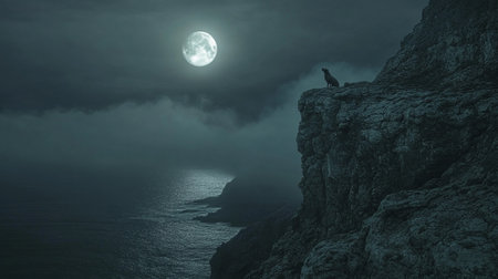 A crow sits on the edge of a cliff and looks at the moonの写真素材