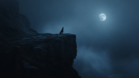 Silhouette of a person standing on the edge of a cliff and looking at the moonの写真素材