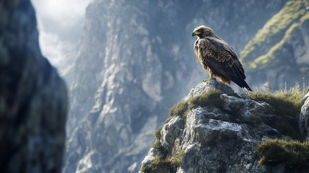 Portrait of a golden eagle sitting on a rock in the mountainsの写真素材