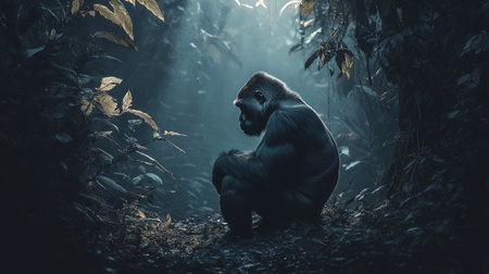 Gorilla in the rainforest at night, 3d renderの写真素材