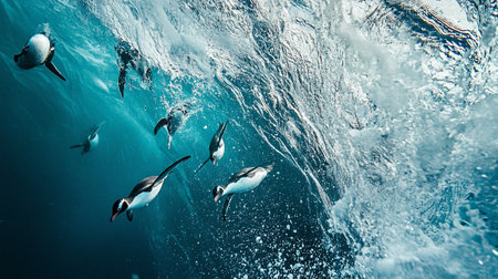 Penguins swimming in the blue ocean. African penguin (Spheniscus demersus)の写真素材
