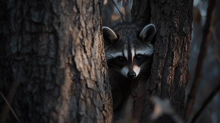 Raccoon hiding in a tree trunk. Wildlife scene from nature.の写真素材