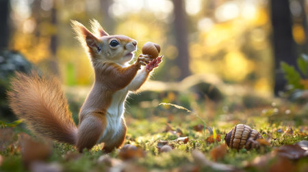 Squirrel in the autumn forest with an acorn in his handの写真素材