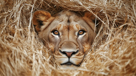 Portrait of a male lion in a nest of dry grass.の写真素材